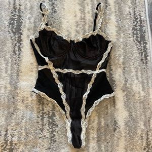 Satin Lace Trim Bodysuit Lingerie